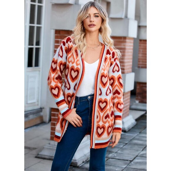Chunky Heart Cardigan Sweater for Women Long Open Front Color Block Cozy - Picture 2 of 6